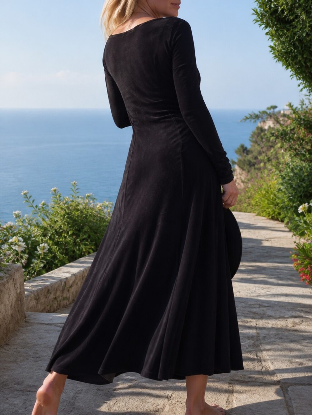 90's Stretch & Structured Black Knit Dress, Classic Black Dress, Boatneck 8-10